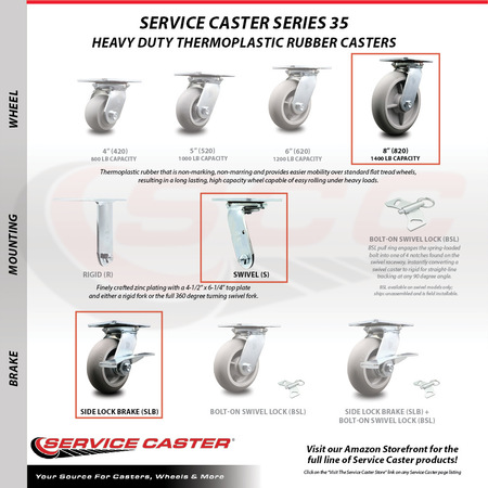 Service Caster 8 Inch Thermoplastic Caster Set with Ball Bearing 2 Brakes and 2 Rigid SCC SCC-35S820-TPRBD-SLB-2-R-2